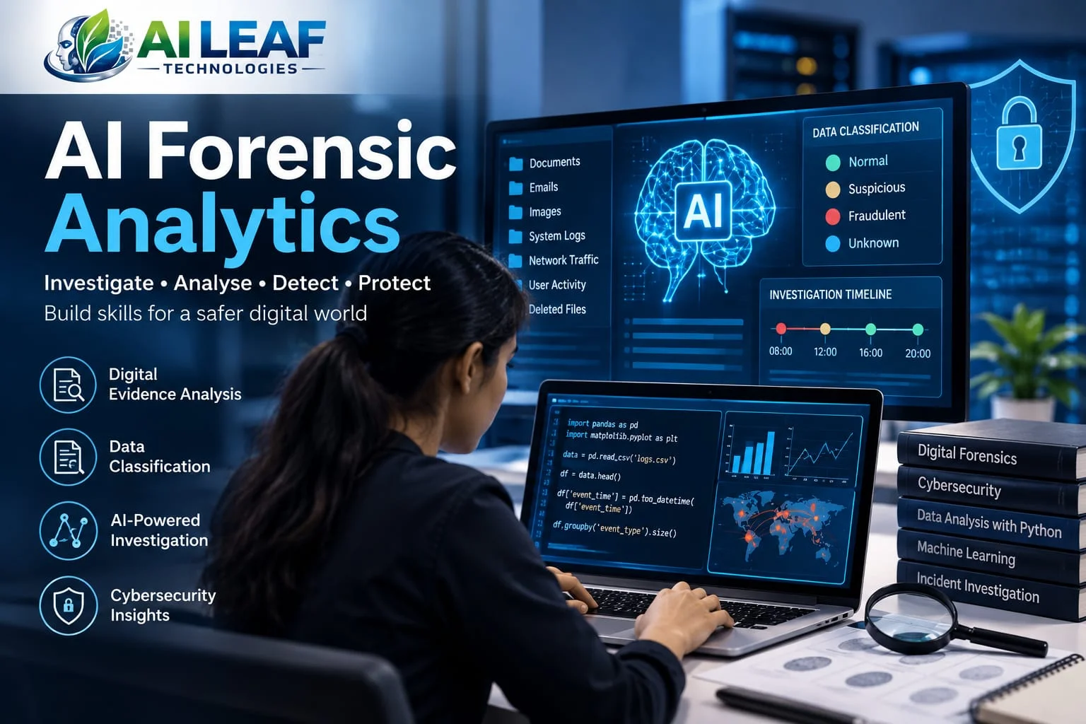 AI Forensic Analytics showing digital evidence analysis, cybersecurity investigation and data examination