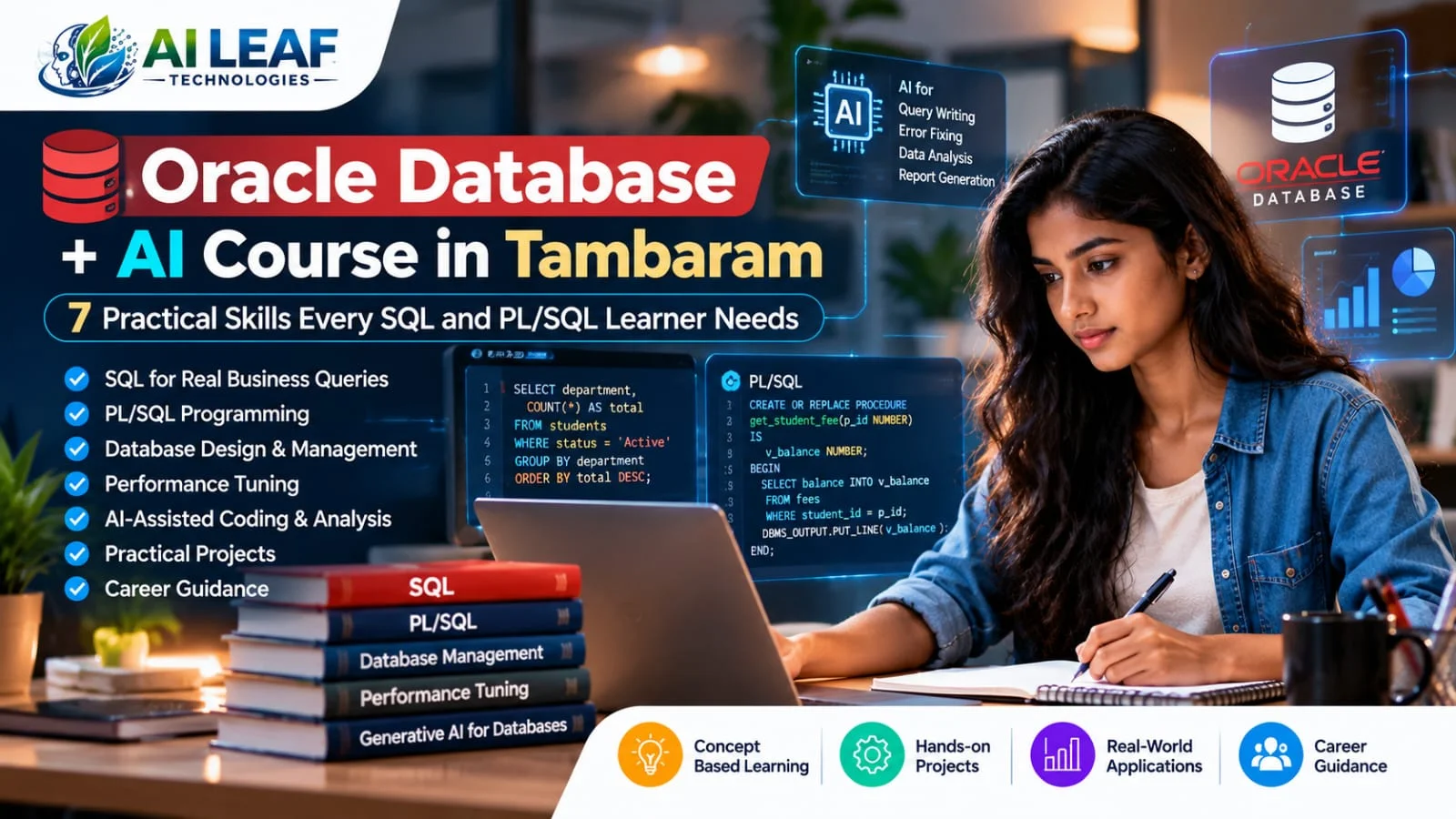 Oracle Database +AI Course in Tambaram with learners writing SQL queries and PL/SQL procedures